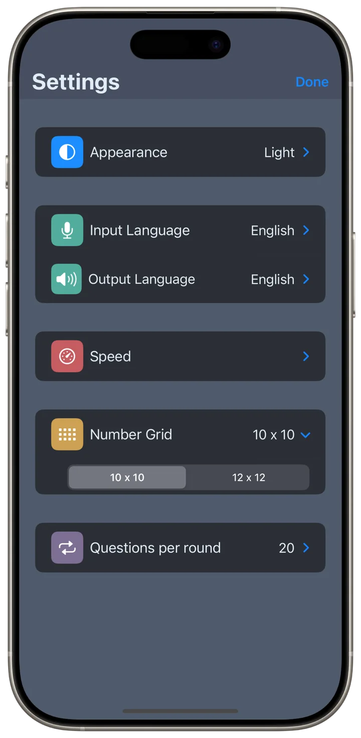 Settings screen with input and output language selection showing the list of available languages