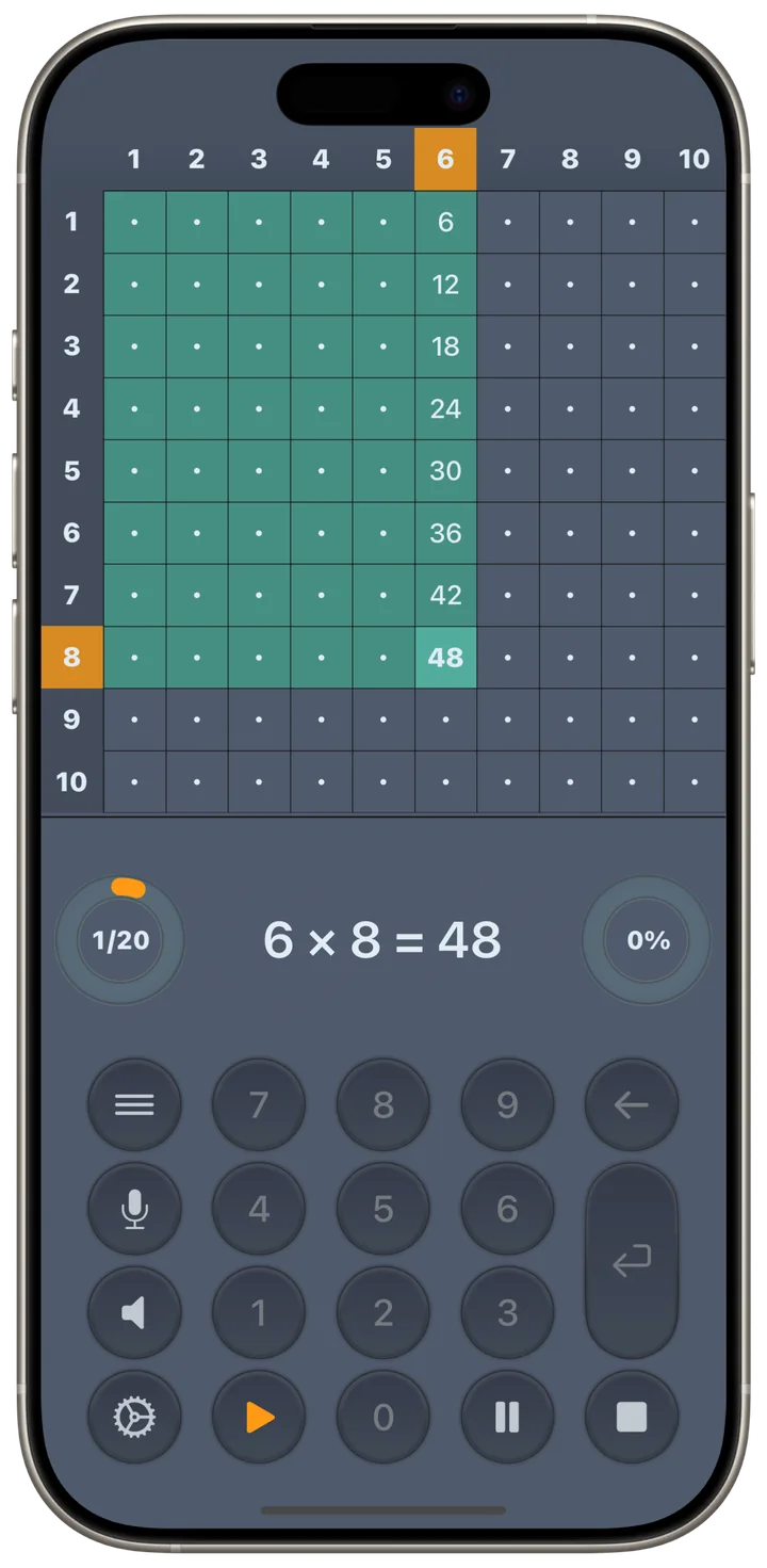 Practice session in progress: a partially solved multiplication grid with correct answers marked in color